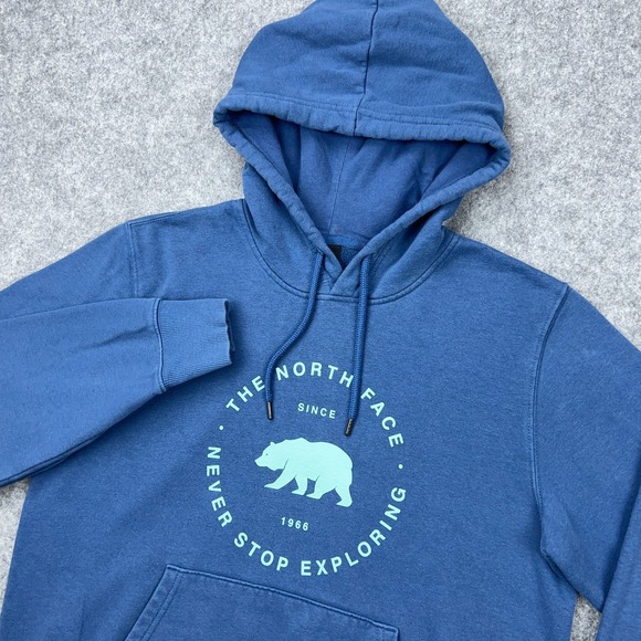 The North Face Hoodie Mens Medium Blue Bear Logo Hooded Pullover Sweatshirt - Picture 1 of 12